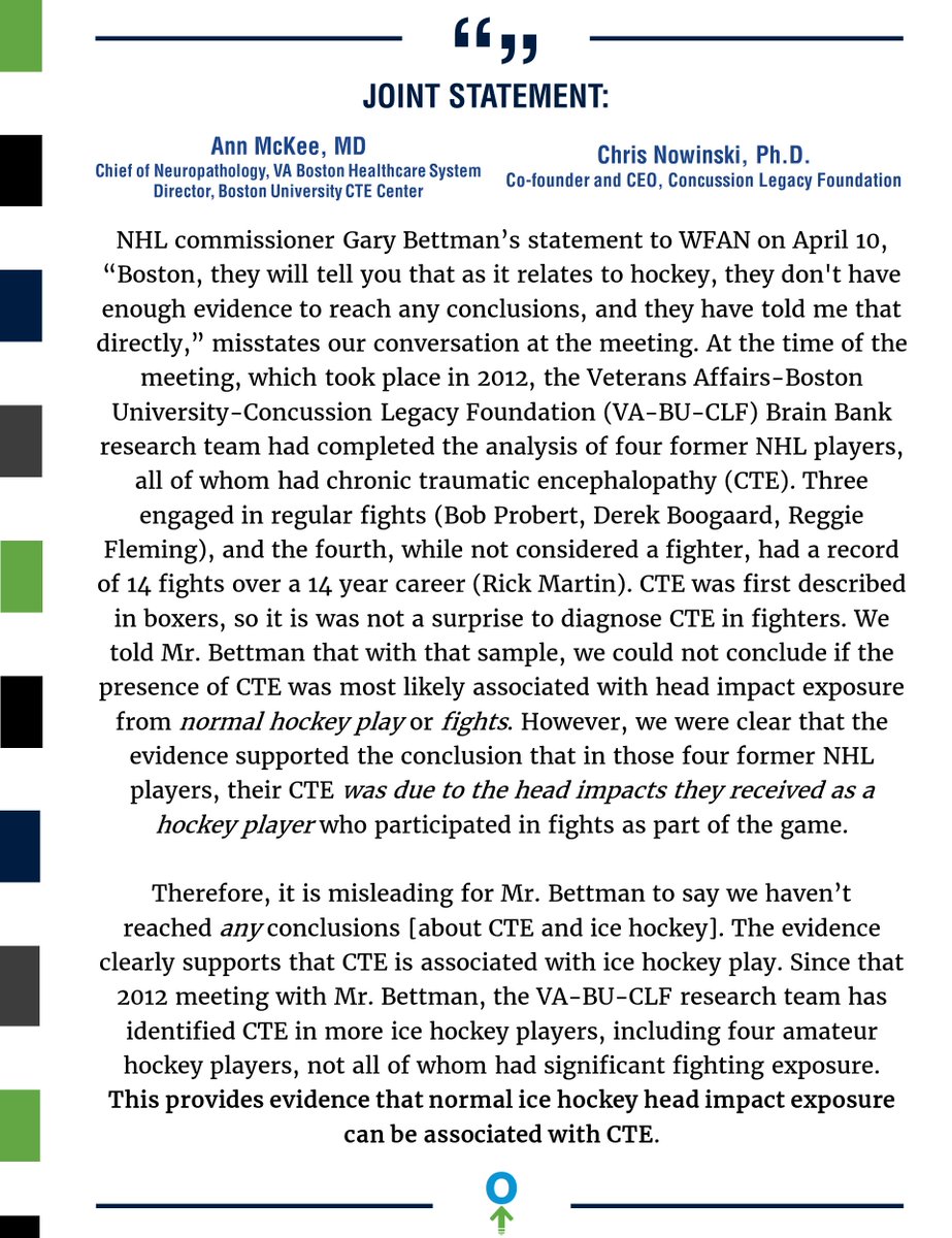 ChrisNowinski1's tweet image. Our statement on NHL Commissioner Gary Bettman's comments on CTE to WFAN: