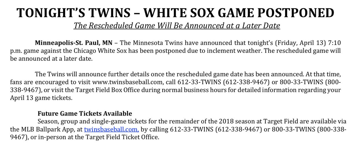 Twins's tweet image. Tonight's game against the White Sox has been postponed. #MNTwins