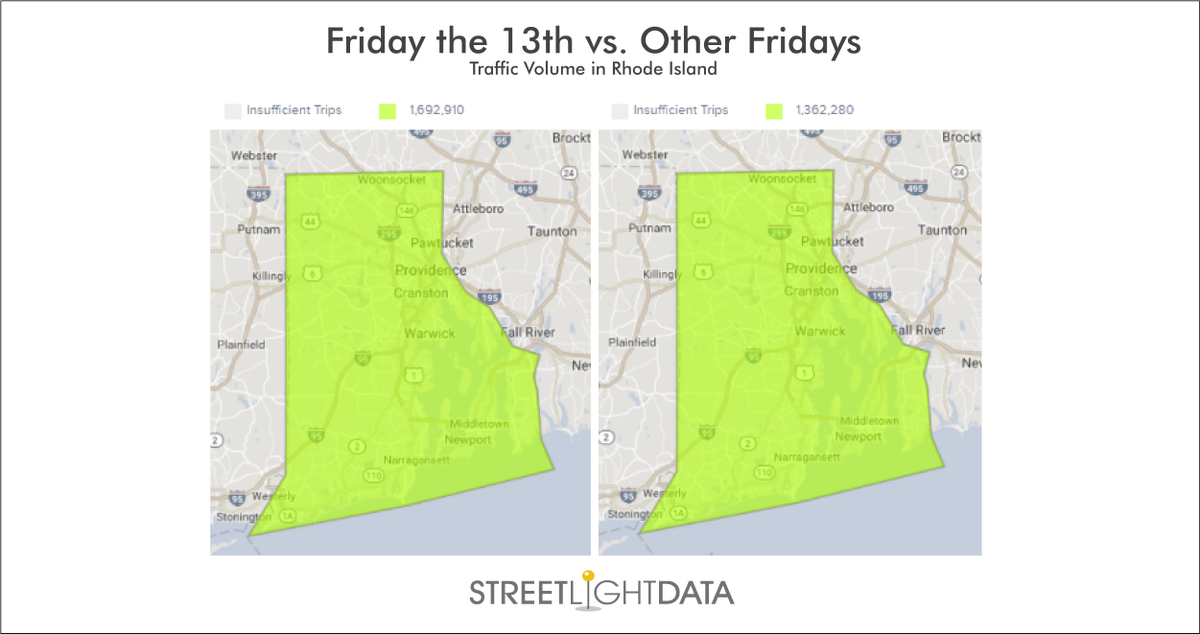 StreetLightData's tweet photo. Rhode Island may have been the 13th state to be ratified, but it looks like its drivers are not superstitious about driving on #FridayThe13th - last year, traffic volume increased 1.24% on January 13th and October 13th compared to other Fridays in those months.

#BigData https://t.co/FRBqGMVXfU
