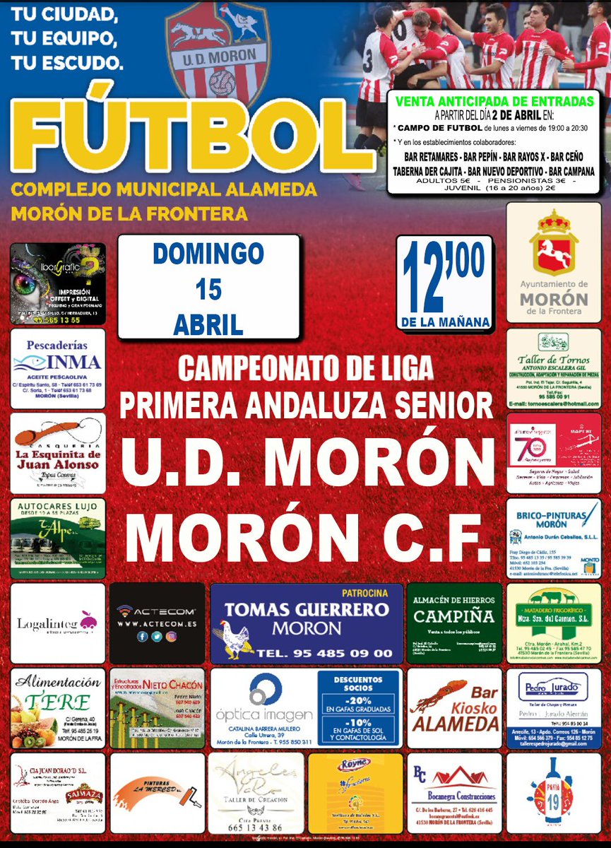 deportemoron's tweet photo. FÚTBOL || Desde la Delegación de Deportes queremos desear mucha suerte a nuestros equipos de fútbol @UDMORON y @MoronCF en el derby local que disputarán este domingo. Que gane el mejor y que reine la deportividad por encima de todo. https://t.co/lbA7Qivwja