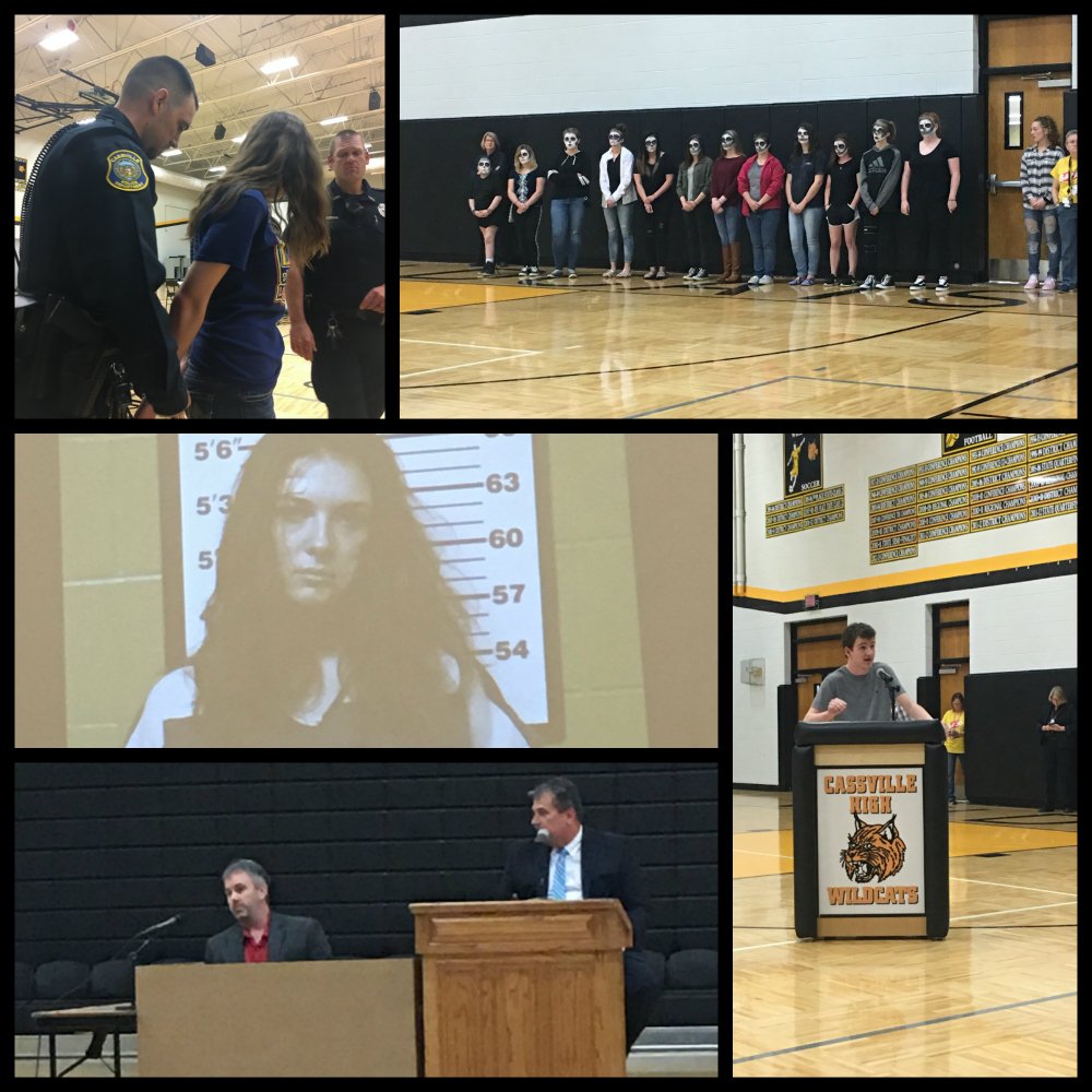 CassvilleSchool's tweet photo. CHS students were reminded about the importance of their decisions &amp; the impact their choices have on not only them, but everyone around them. Thank you to those that helped with this project. CHS, we care about each &amp; every one of you. Make the safe choice. #safeandsober https://t.co/3lmHhiqUtz