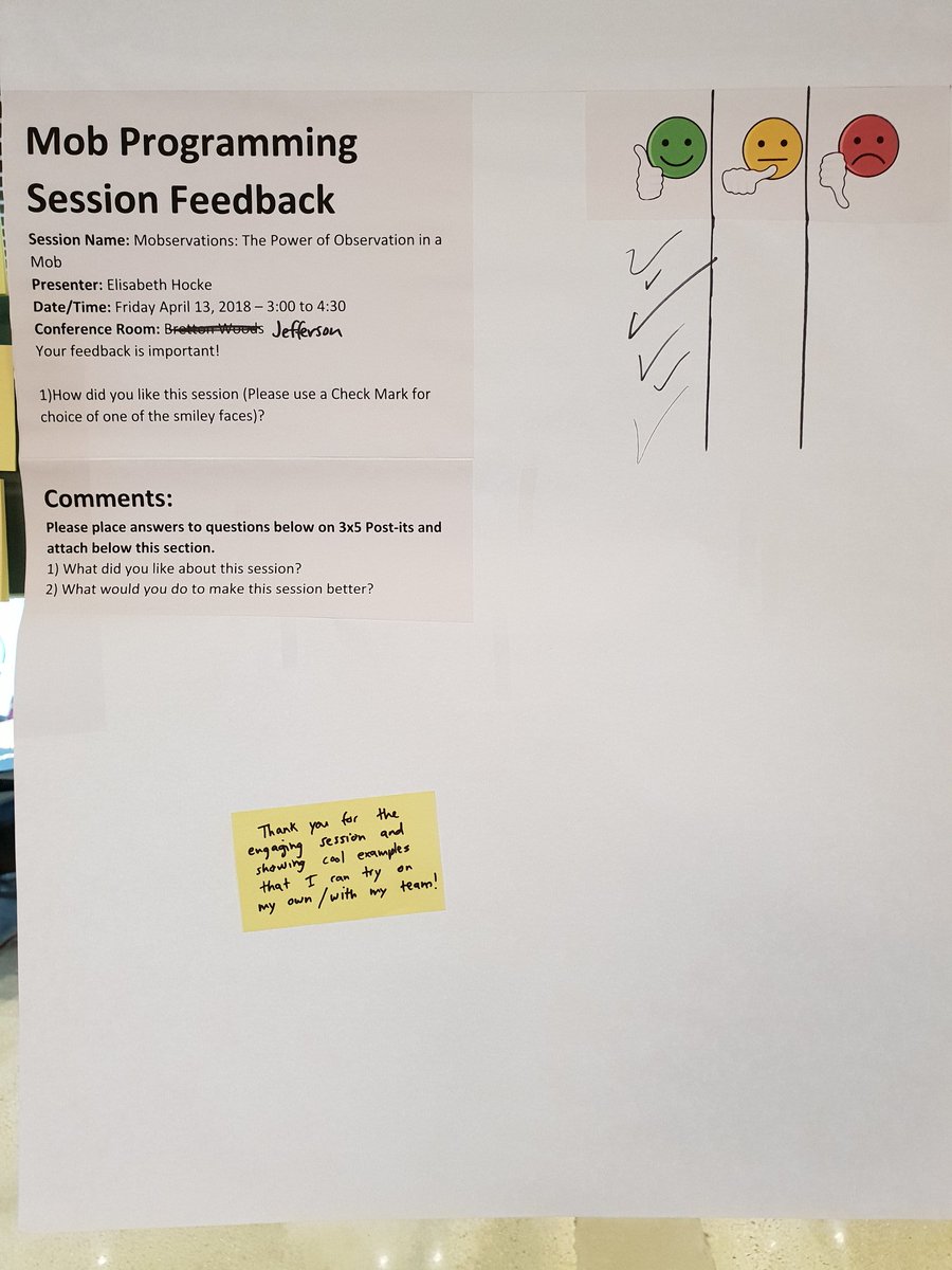 lisihocke's tweet image. My session on "Mobservations: The Power of Observation in a Mob" is done - had some great observers in my mob at #MobProgramming2018! 🔎🔬🔭👀 here are our retro notes: atlas.mindmup.com/2018/04/0c23f6…