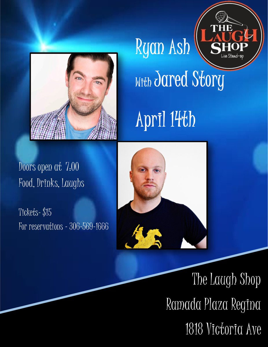 Ryan Ash &amp; Jared Story will be with us for our Laugh Shop Comedy Show on Saturday night. Doors open @7 Good food, good drinks, good laughs!
#RamadaPlaza #Squatt&amp;Gobble #YQR #comedy