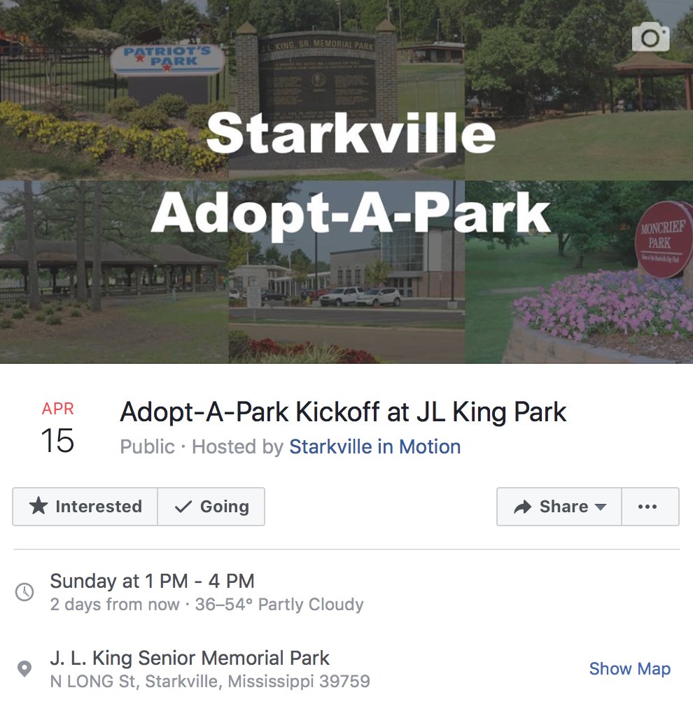 StarkInMotion's tweet image. Like our city parks? Join us for Starkville Adopt-A-Park’s Kickoff event at J.L. King Park Sunday at 1:00pm #starkville #starkvegas #adoptapark