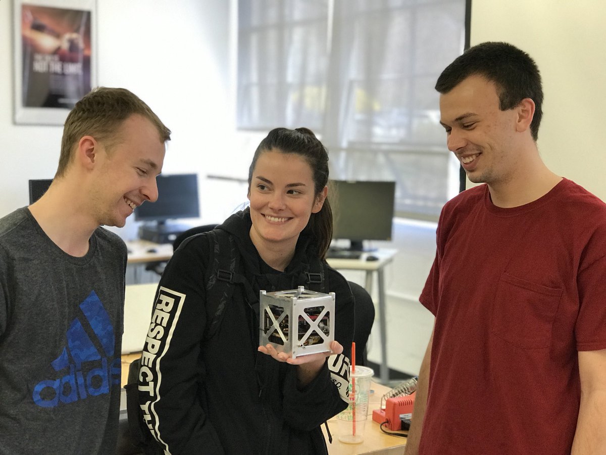JeffersonENGR's tweet photo. Jefferson Engineers put the finishing touch on JeffSAT1, a satellite prototype that will be the basis of one that will be eventually be sent into space as part of NASA’s CubeSAT Launch Iniative program. @SpinelliS @MarkTykocinski @JeffersonUniv @JeffersonENGR @kanderrg @sklasko https://t.co/0ZrtIz7yXy