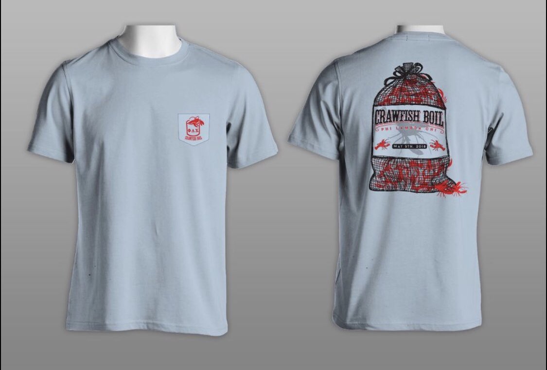 Phi_Lambda_Chi_'s tweet photo. This years Crawfish Boil shirts are ready for order! DM us or @clark_jarrett13 to order one. $20 due by April 28th #PLBD https://t.co/1GVwZmuGdh