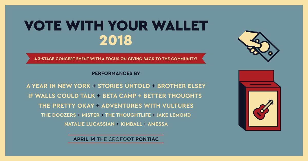 TONIGHT: Come down to <a href="/TheCrofoot/">The Crofoot</a> &amp; Vote With Your Wallet!! 3 stages, 15 artists, all benefitting 4 amazing Detroit area charities!

Doors open at 5:30, and tickets will be available for $15!