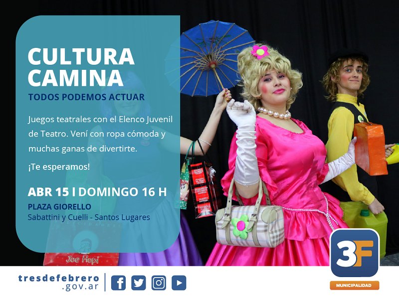Municipalidad3F's tweet photo. #JUEGOSTEATRALES EN #CULTURACAMINA: el #Domingo #15DeAbril a las 16 horas el #ElencoJuvenil3F realizará un encuentro abierto en la plaza #Giorello (#Sabattini y #Cuelli). Trae ropa cómoda y muchas ganas de divertirte. ¡Todos podemos actuar! https://t.co/1rUmpjyH2D https://t.co/qq1i4NM1ON