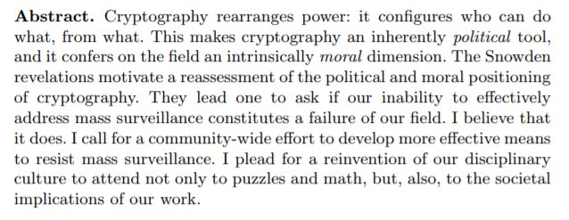 random_walker's tweet photo. The punchiest opening of any paper I've read is the phrase "Cryptography rearranges power" from the paper "The Moral Character of Cryptographic Work" by Phil Rogaway. https://t.co/eeXyvDTS7p https://t.co/TP1XUCrgUw