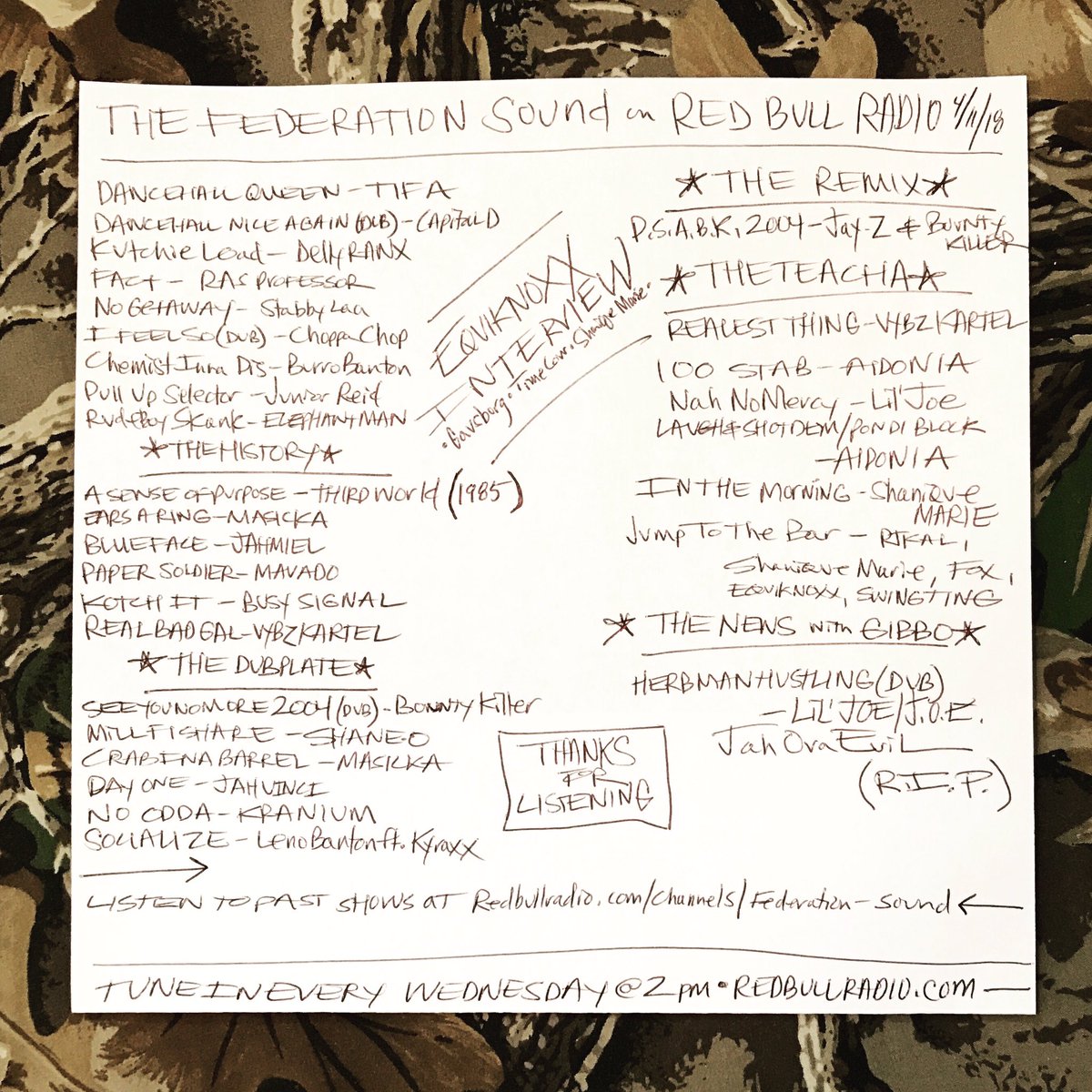 FEDERATIONsound's tweet photo. 4/11/18
Track list from The Federation Sound on @redbull_radio featuring @Equiknoxx_Music. Tune in live every Wednesday 2-4 pm EST. All other times tune in to our channel - https://t.co/gamKHPkY5d
•
#equiknoxx #gavsborg #timecow #shaniquemarie #reggae #dancehall #federationsound https://t.co/WMiFRPxlcL