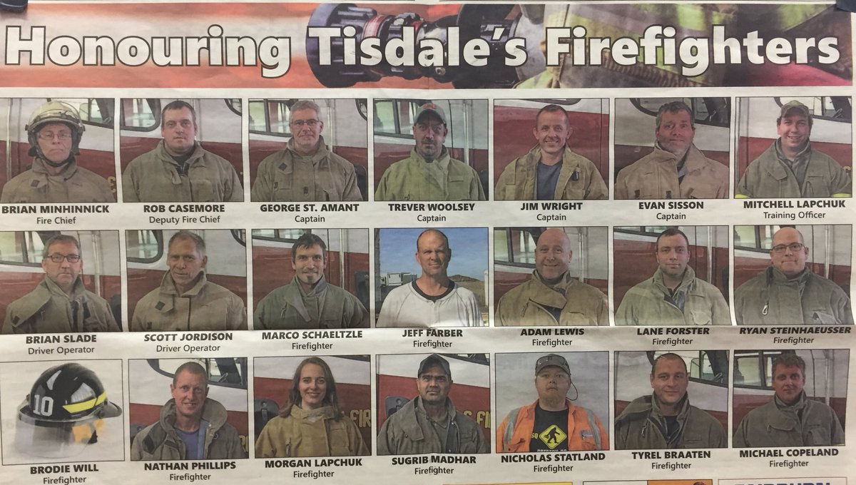BoxallIan's tweet photo. A week has passed since the tragedy brought us to our knees. We need to thank our local hero’s.  Ordinary people doing extraordinary tasks. Tisdale Volunteer Fire Department who were the first-responders to arrive on scene.Thank you. @RonMacLeanHTH @CoachsCornerDC #Humboldtstrong https://t.co/VdzxbJYqdX
