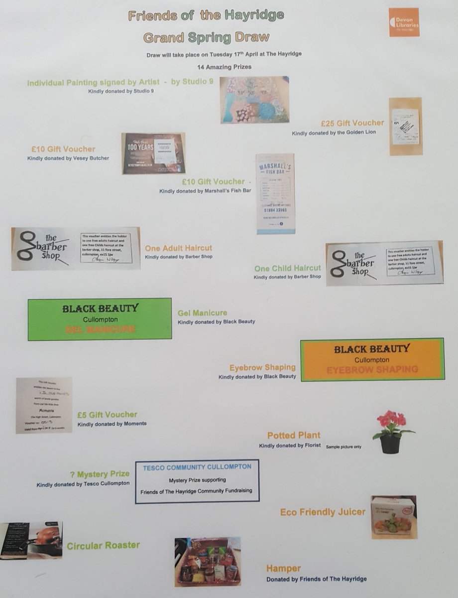 SpringfestCully's tweet image. Friends of @Hayridge supporting @SpringfestCully tomorrow Saturday 14th April.  Running a stall outside Cullompton Town Hall, they will be running their Grand Spring Draw.  14 amazing prizes.  Proceeds will go towards Community project @Hayridge.  Also a wheelbarrow collection.
