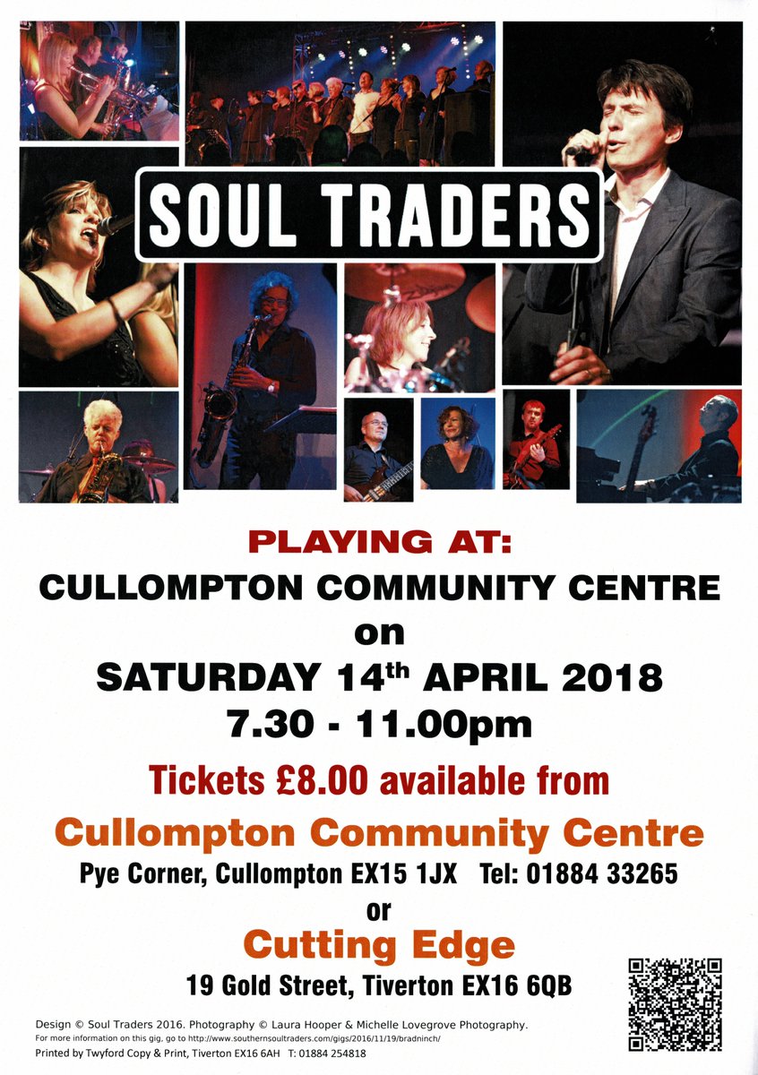 SpringfestCully's tweet image. #SoulTraders appearing at @CullomptonVenue supporting @SpringfestCully on Saturday 14th April.  7:30 - 11:00.  Tickets available from Community Centre  - £8.00 per ticket.  0188433265 or or Cutting Edge in Tiverton.