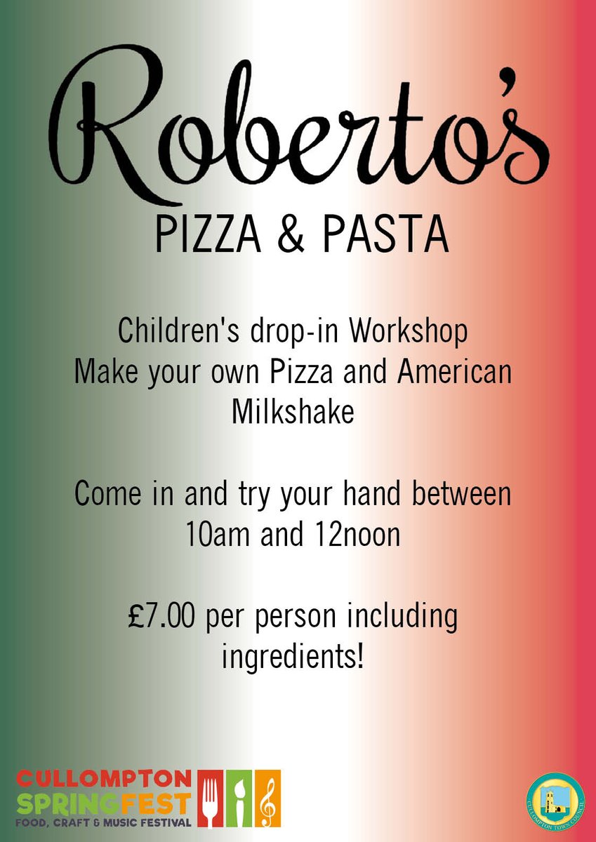 SpringfestCully's tweet image. @Robertosresturant.  Roberto Pizza &amp;amp; Pasta.  Supporting @SpringfestCully . Running a Children's workshop on Saturday 14th between 10:00 - 12:00.  Make a Pizza and/or Make an American Milkshake.