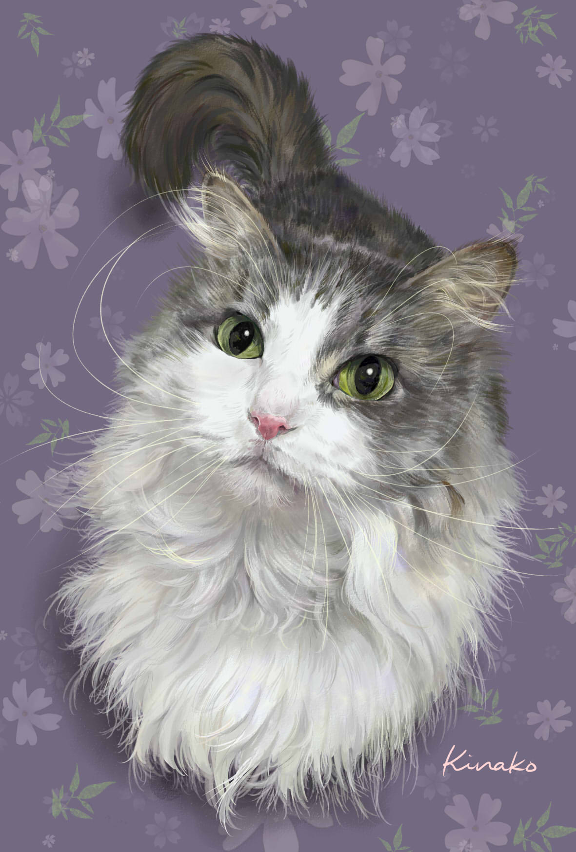 きなこ 猫の絵を描いています ノルウェージャンフォレストキャットのメイちゃん 背景を変えて 2枚目です スタンプで 花模様入れてみました 猫絵 Cat Drawing 猫イラスト 猫画 ノルウェージャンフォレストキャット T Co Z3dee6emin