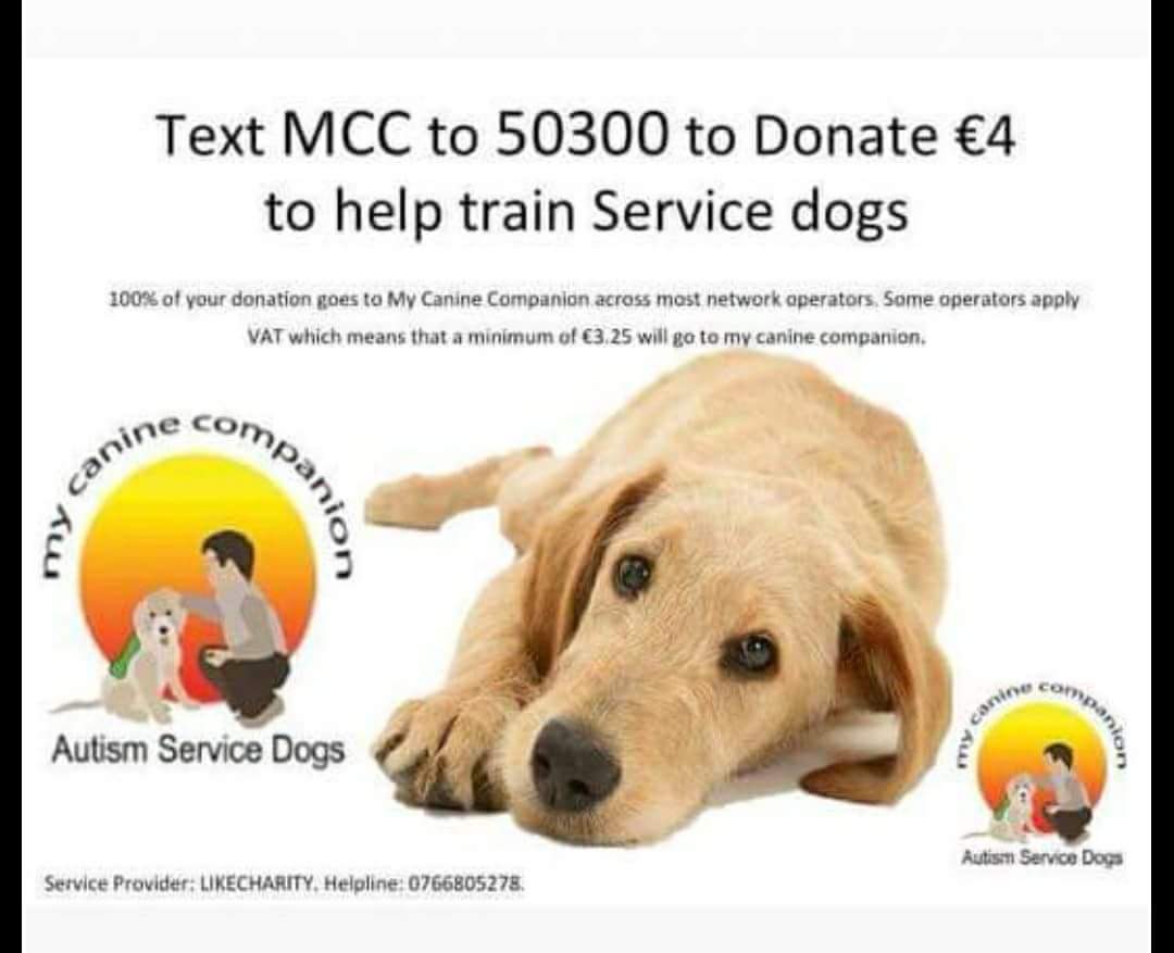 .<a href="/mycaninecompani/">My Canine Companion</a> receive no government funding and rely solely on donations. Please text MCC to 50300 and donate €4 to help train more dogs