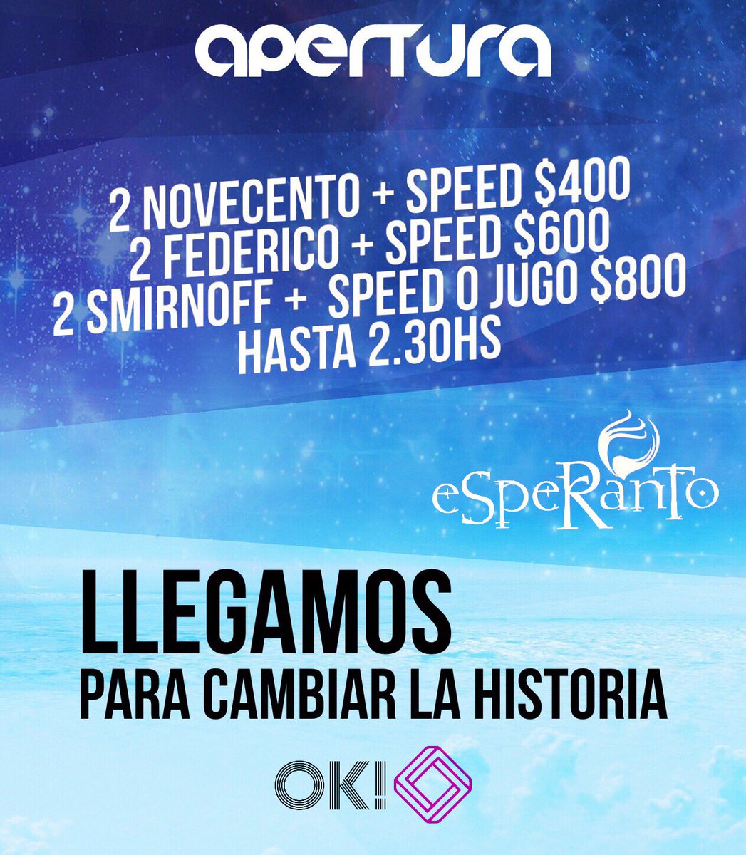 OkEsperanto's tweet photo. SE ACERCA LA NOCHE MAS ESPERADA... APERTURA DE #OK! EN ESPERANTO... CON ÉSTAS PROMOCIONES QUE SON UNA BOMBA!!! ULTIMOS MINUTOS PARA ANOTARTE EN LISTA FREE... https://t.co/2U4kqBuIcn