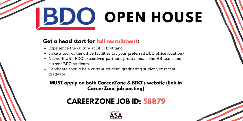 GoodmanASA's tweet photo. Want the opportunity to network with an employer? Make sure to apply to the open house held by BDO at various locations. You must apply through CareerZone and BDO's website! https://t.co/ipWTdIhODF