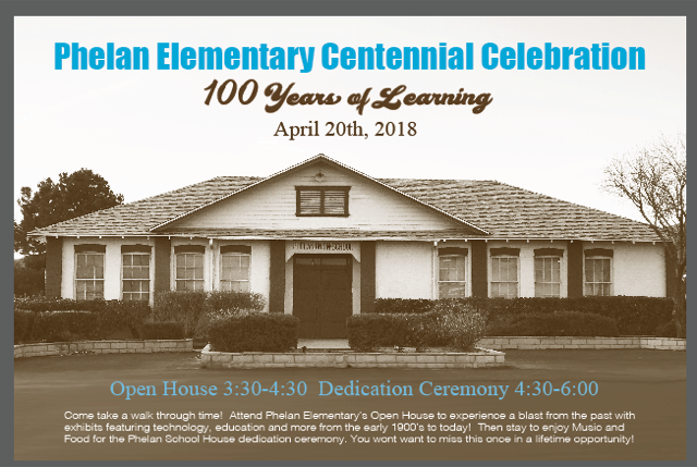 SnowlineJUSD's tweet photo. Only one more week until the Phelan Elementary Centennial Celebration! #happybirthday #HistoryOutside #FutureInside https://t.co/Z3QrotpctA