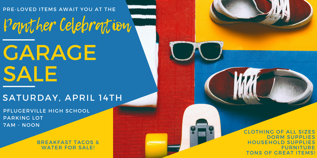 PC2K18's tweet photo. Our fundraiser GARAGE SALE is tomorrow Saturday April 14th!!! We will be set up in the @PflugervilleHS parking lot from 7am - noon!  Don't miss out on some great finds - and breakfast tacos! 
#pflugervillegaragesale https://t.co/vwCkgoP7B6