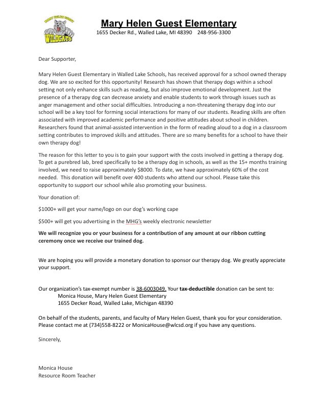 HouseMonica's tweet image. TY Karen Storey @BrightonK12 for helping Guest El. move forward w/getting a therapy dog!  We have raised 60% of $8500 needed. Please see attached letter. #therapydog #PALprogram @Myshellwlcsd @GuestElementary @MHGuestPTA @WalledLkSchools @kennethgutman