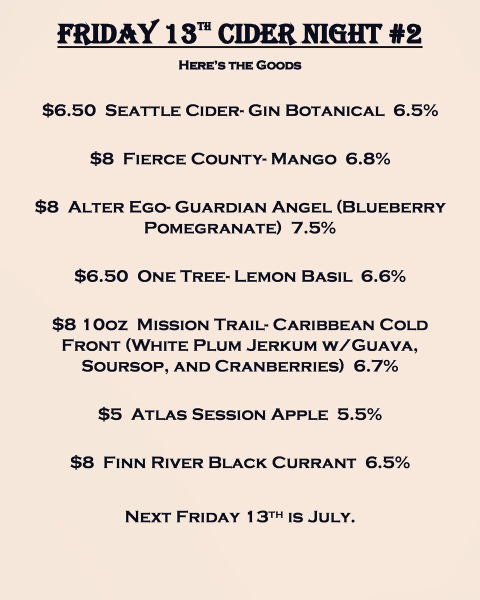 Parkway_Tavern's tweet photo. Tonight! Cider Night #2. Fun starts at 6! @SeattleCiderCo @FierceCider @AlterEgoCider @OneTreeCider @ATLASCiderCo @FinnriverCider #MissionTrailCider #cidernight #cider #hardcider #drinkcider #ciderlife #drinklocal #glutenfree #notbeer #tgif #pnw #tacoma #parkwaytavern https://t.co/QQy5wfqWOq
