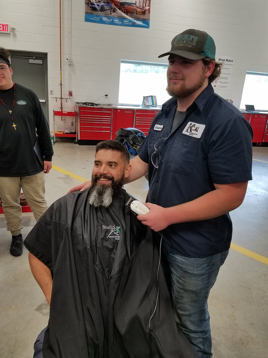 KCAL_AutoTech's tweet photo. So what happens when @BrianVelliquet1 makes a bet with our @KCAL_SkillsUSA automotive students on placing 1st in @SkillsUSA_TX and going to nationals... the beard was in trouble from Mr. Thompson! Mr. V is one heck of a sport, #timetopayup #beardlesswonder https://t.co/tyNgtEdyI8