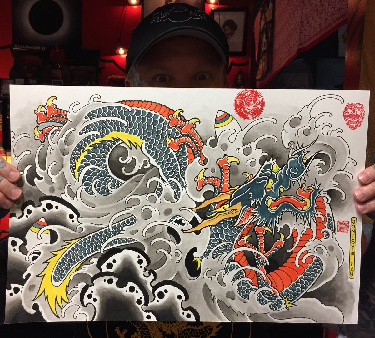 Water Ryu” finished🙌🏻... painting is 12x18 $300.oo... DM me if  interested... #risingwavetattoo #scranton #jonesyrisingwave #tattoo  #lackawanna #japanese #traditionaltattoo #irezumi #japaneseinksociety  #classictattoos #wateryu #houju #dragon #ink ..., image size:1200x1083