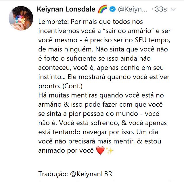 KeiynanLBR's tweet photo. 📃 | Em recente publicação no Twitter/Instagram, Keiynan Lonsdale postou uma mensagem sobre o ato de revelar a sexualidade, demonstrando apoio ao fãs LGBTQ+. Confira. https://t.co/kRfzUqyZZ1