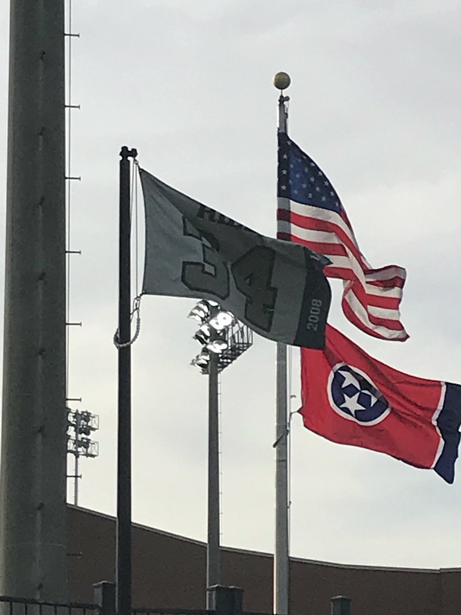bsandroni's tweet photo. When you go on a road trip to see @OleMissBSB play the Commodores and they are flying my former @WincRoyals @TaylorHill jersey next to the Stars & Strips #VandyLegend https://t.co/xVFhjL2cZr
