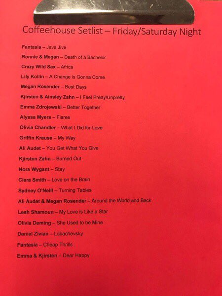 NFHSChoir's tweet photo. The official set list for coffee house!
Tonight at 7pm and Tomorrow at 1pm and 7pm https://t.co/5um5el1tjV