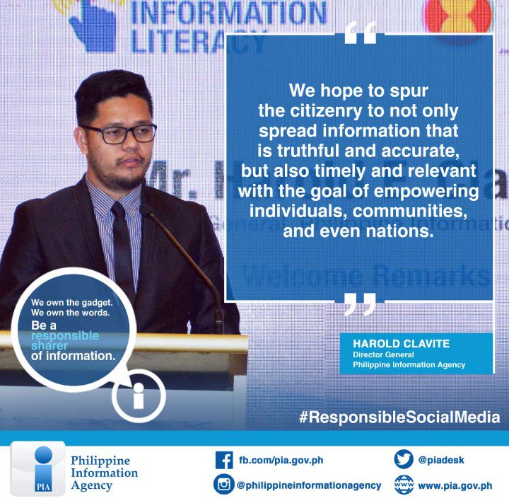 PIADesk's tweet photo. #PIA chief Dir. Gen. Harold Clavite once again highlighted during a speech, how messages we send through social media, can greatly influence a person, communities, and even nations in doing what is right and equip them to spread only valid information. 

#ResponsibleSocialMedia https://t.co/1kuw2rovNV