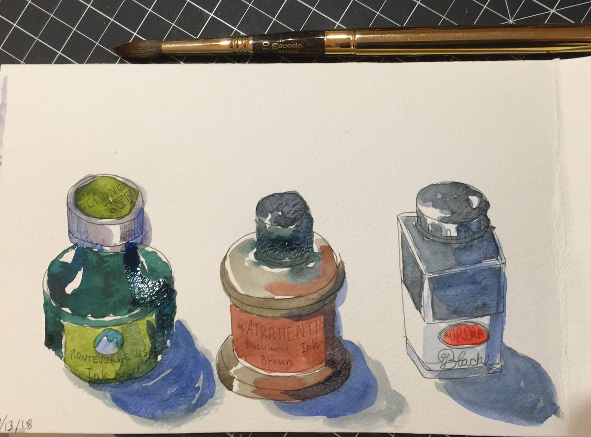 iva1925's tweet photo. My ink bottles are so fin to sketch... #fountainpensketchers #fountainpen #fountainpens #fountainpenink #fountainpeninks #platinumdeskpen #lexingtongray #danielsmithartsupplies #watercolor #watercolour  #foldedsketchbook #artjournal #sketchbook #meltingthemidnightink https://t.co/9QmK32sJWv