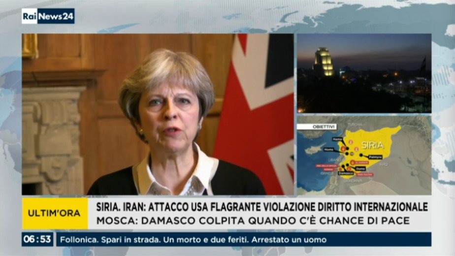 "Non si tratta di intervenire in una guerra civile o di rovesciare il regime di Assad ma solo impedire l'uso e la produzione di armi chimiche" le parole di <a href="/theresa_may/">Theresa May</a> sull'intervento militare in #Siria