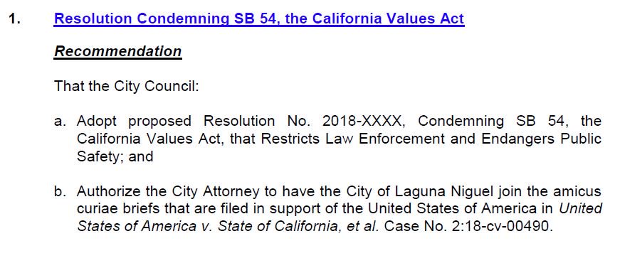 ANDemClub's tweet photo. As suspected, the Laguna Niguel City Council will consider joining the opposition to the #CaliforniaValuesAct on April 17, and adopting a resolution stating that it will not comply with state law. https://t.co/6ZIw9szyxB