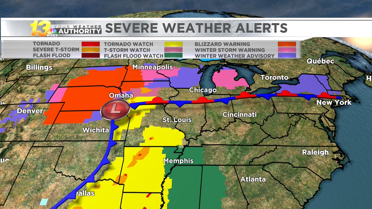 VikiKnapp13's tweet photo. From #tornado warnings to #blizzard warnings, this low pressure system has it all. This map looks like a Jackson Pollock painting with all active alerts tonight. https://t.co/0F7cHXYfVy