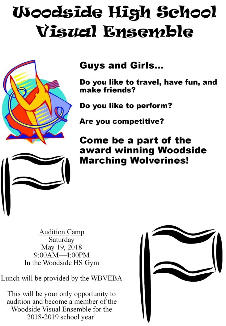 Woodside_Band's tweet photo. Come be a part of the Woodside Marching Wolverines’ Visual Ensemble! No prior experience required, the audition camp will teach you everything you need to know. #colorguard #marchingband #visualensemble #tagafriend #woodsideband https://t.co/Zw8iYV984l