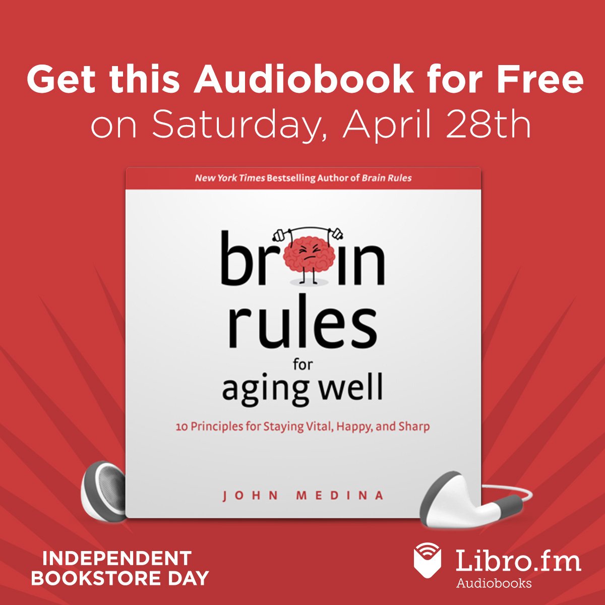 BrainRulesBooks's tweet photo. As a thank-you for supporting your local bookstore, get the Brain Rules for Aging Well audiobook for #free on #BookstoreDay April 28th https://t.co/PIV4atCcrs #brainrules @librofm #AARP https://t.co/qSLMnS3pAe