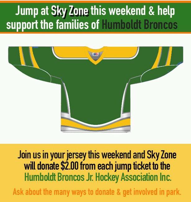 SkyZoneWhitby's tweet photo. Jump with us this weekend and help support the families of Humboldt Broncos hockey team. #humboldtstrong #jerseysforhumboldt

https://t.co/lcOf9bTyfU https://t.co/kTIxQAabq2