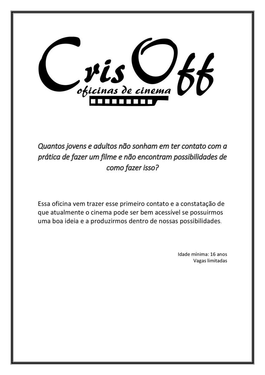 CinemaCrisoff's tweet photo. A sexta feira é 13, mas a oportunidade é 10. Para mais detalhes https://t.co/SL2WNF0WrQ
#riodejaneiro #trabalho #Crisoff #Cinema #Oficinaderoteiro #Oficinadeproduçãodecinema #Crisoffcinema #sexta13 #oportunidade10 #Realizandoumfilmeem7horas https://t.co/eus1bQbmHe