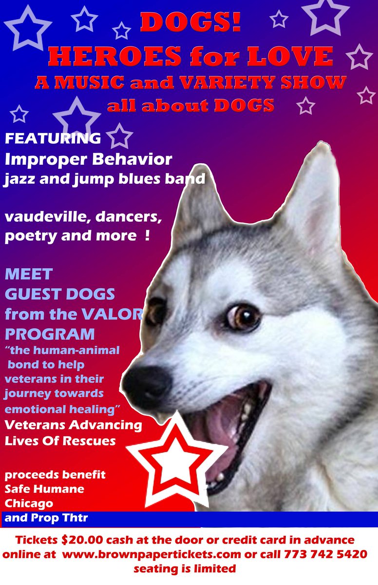 SafeHumane's tweet photo. Don't miss this! Dogs: Heroes for Love, an evening with @Propthtr & Improper Behavior Band to benefit @SafeHumane and the military #veterans & #CourtCaseDogs in its #VALOR program. Friday 4/20 8pm. Be there: https://t.co/Yy2z7BOF7E https://t.co/ZqvMlSPpnv