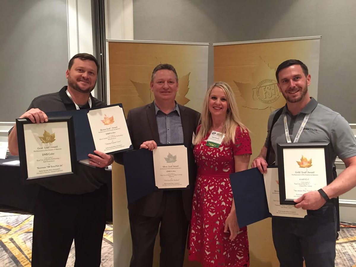 Texlash's tweet image. Our customer DMS Color had a great night at the FSEA Gold Leaf Awards. They placed in five different categories, placing Gold in two categories, silver in one, and bronze in two. We are proud to be their technology partner!#konicaminolta #jetvarnish #fsea #Winning