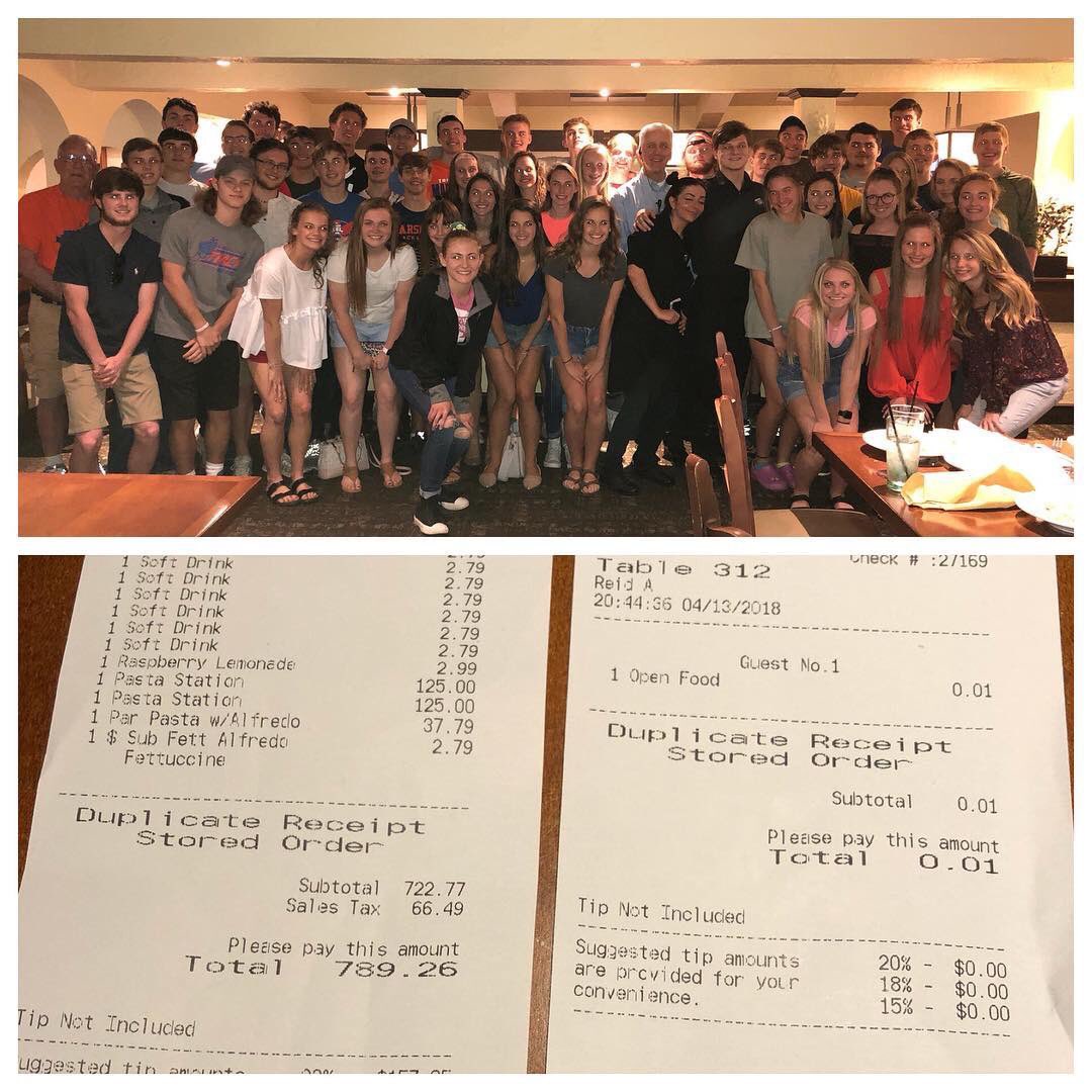 iamchrisjung's tweet photo. Incredible gesture: An @olivegarden in Chattanooga, Tennessee, comped an $800 bill tonight for the Marshall County High School track team after hearing about what the student-athletes and coaches went through, following the shooting in January. 

📷: @LDirkesAdair 🔶🔷 https://t.co/th3IApcFSd