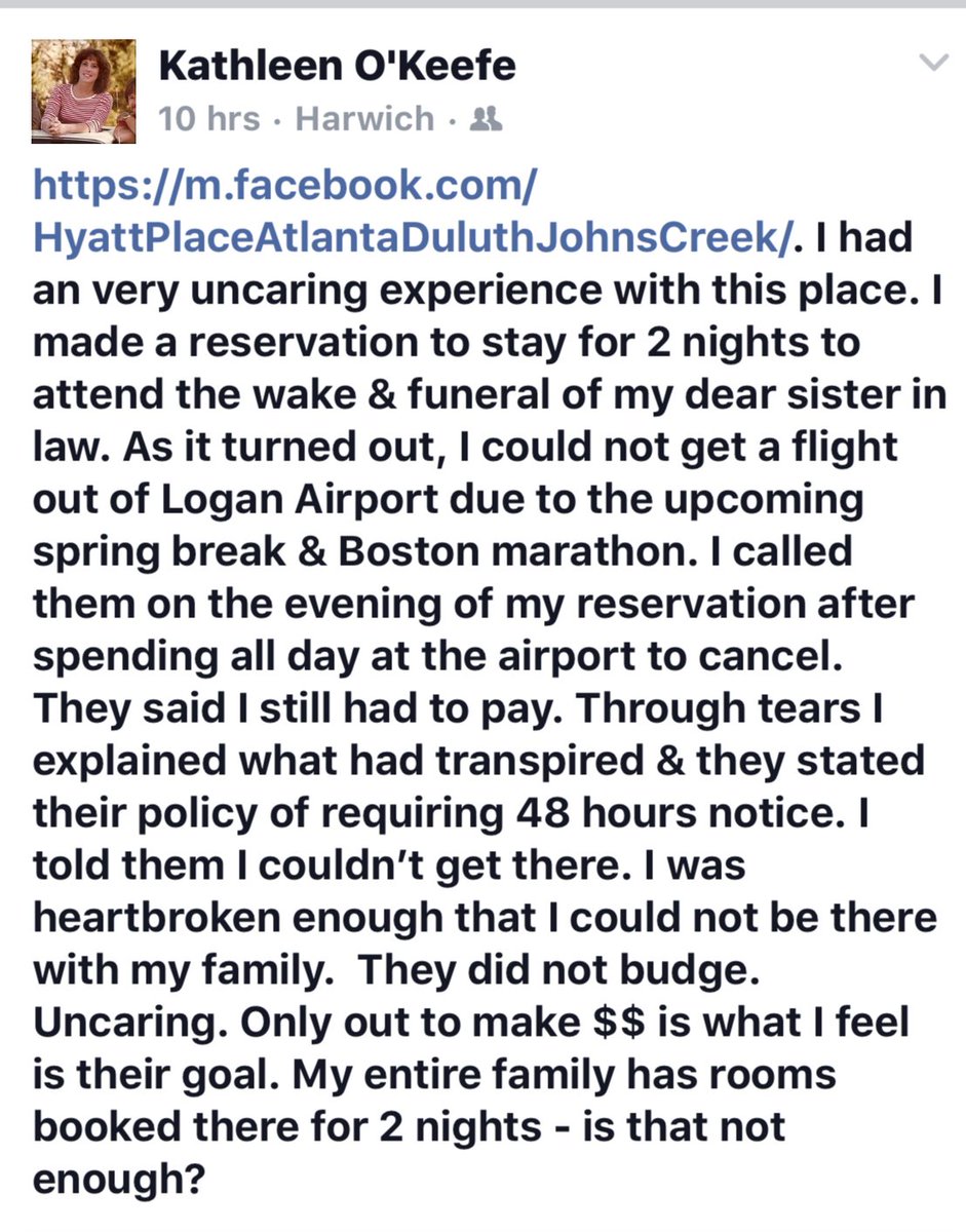 masspike1's tweet photo. @HyattConcierge @HyattTweets
So disappointed by your lack of compassion for someone who just lost a family member to cancer. The staff at the Hyatt place Duluth Georgia hotel really dropped the ball on this one. https://t.co/CcKW5P1HTN