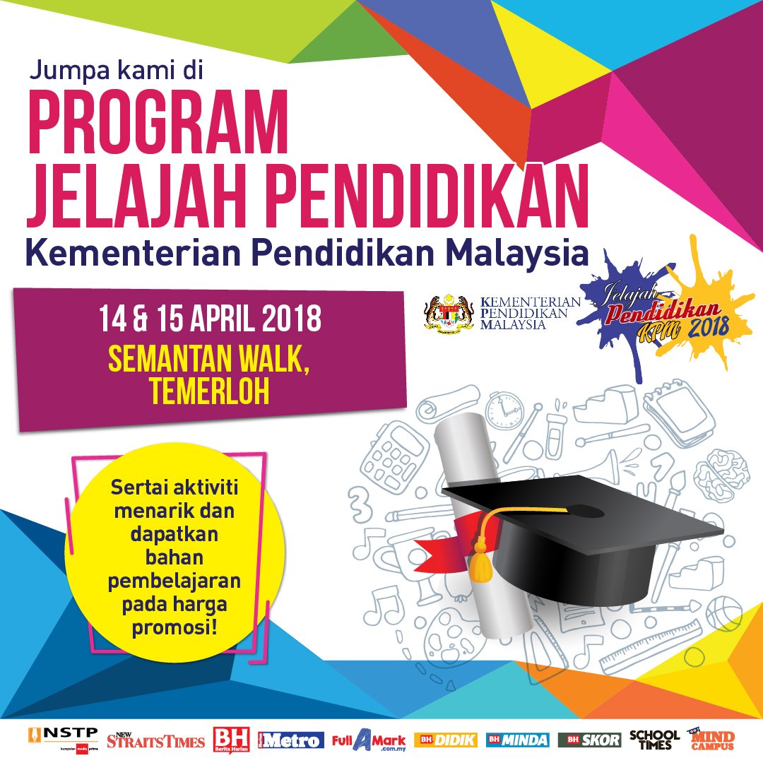 bharianmy's tweet photo. Jumpa kami di Program Jelajah Pendidikan KPM 2018 pada 14 & 15 April 2018 di Semantan Walk Temerloh, Pahang. Sertai aktiviti menarik dan dapatkan bahan pembelajaran pada harga promosi.
#pendidikan #fullamark #KPM #PPD #Pahang #Temerloh #programjelajahpendidikan2018 https://t.co/8kmojXBvhh