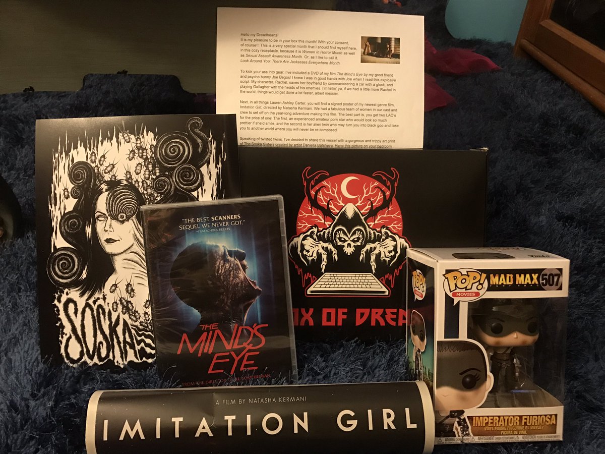DrZaiusGoD's tweet photo. Got my @BoxofDread today. Thanks to curator @bloodylac for the awesome collection honoring kickass women. Charlotte loved my new #DreadCentral t-shirt. #ImperatorFuriosa @DreadCentral #TheMindsEye #JoeBegos #ImitiationGirl #Poster #POPToys #BoxofDread #Artwork #DaniellaBatsheva https://t.co/7EQbGLexld