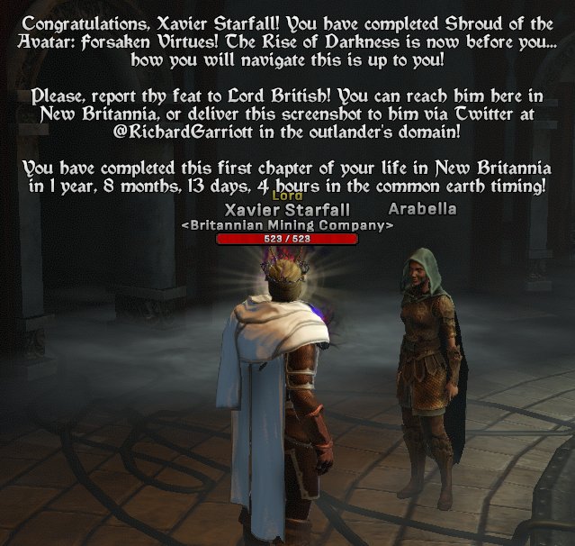 Xavier_Starfall's tweet photo. Hail @RichardGarriott,
What fun exploring the world of New Britannia in @ShroudofAvatar. After many moons of adventuring I was able to obtain my own Shroud of the Avatar to wear with pride :) https://t.co/Mr0saRS5u9
