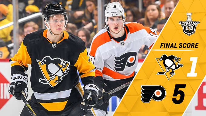The Penguins fall to the Flyers 5-1. In-game photo and score graphic.