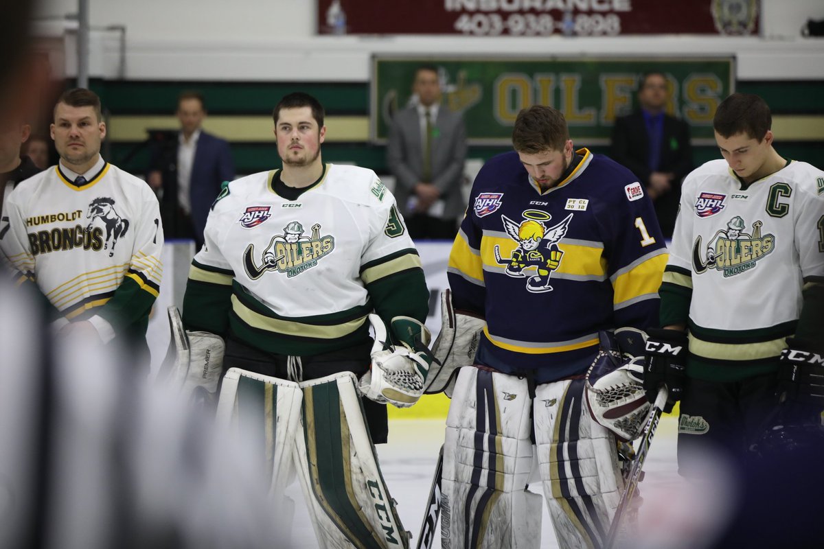WesternWheel's tweet photo. Moving pre-game tribute as @OkotoksOilers and @sgsaints
stand side by side prior to #AJHL final Game 1 in #Okotoks
#HumboldtStrong https://t.co/0UFLChKJ1N