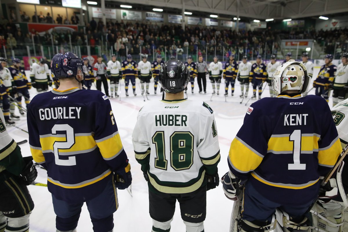 WesternWheel's tweet photo. Moving pre-game tribute as @OkotoksOilers and @sgsaints
stand side by side prior to #AJHL final Game 1 in #Okotoks
#HumboldtStrong https://t.co/0UFLChKJ1N
